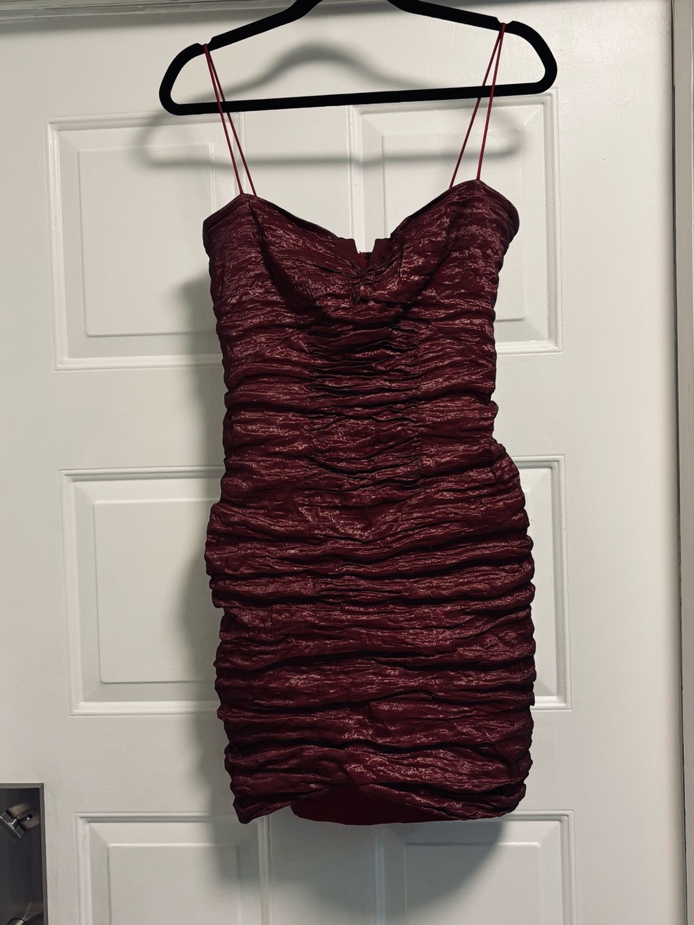 Nicole Miller Burgundy Ruched Spaghetti Strap Midi Dress